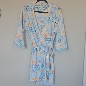 BDY TOUCH Floral Women's Robe - Light Blue and Yellow SZ SMALL